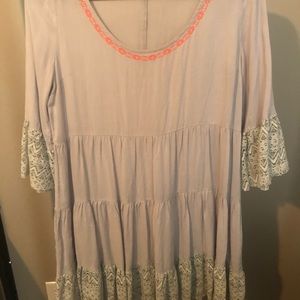 Powder blue cotton tiered dress with lace